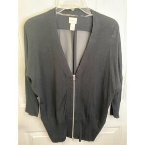 Chico's Black Zip Front Cardigan Sheer Back Elbow Sleeves Sz 1 (US Medium)
